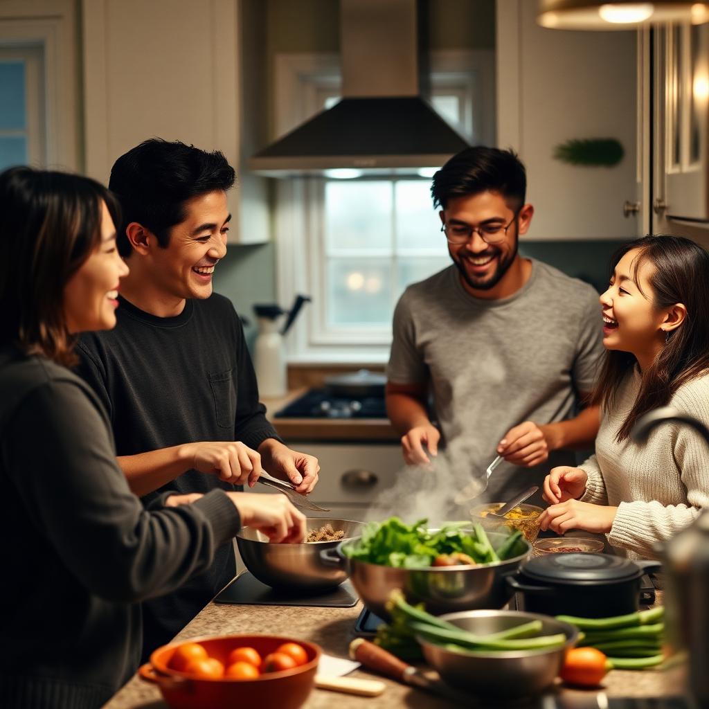 Exchange students cooking dinner together with their host family